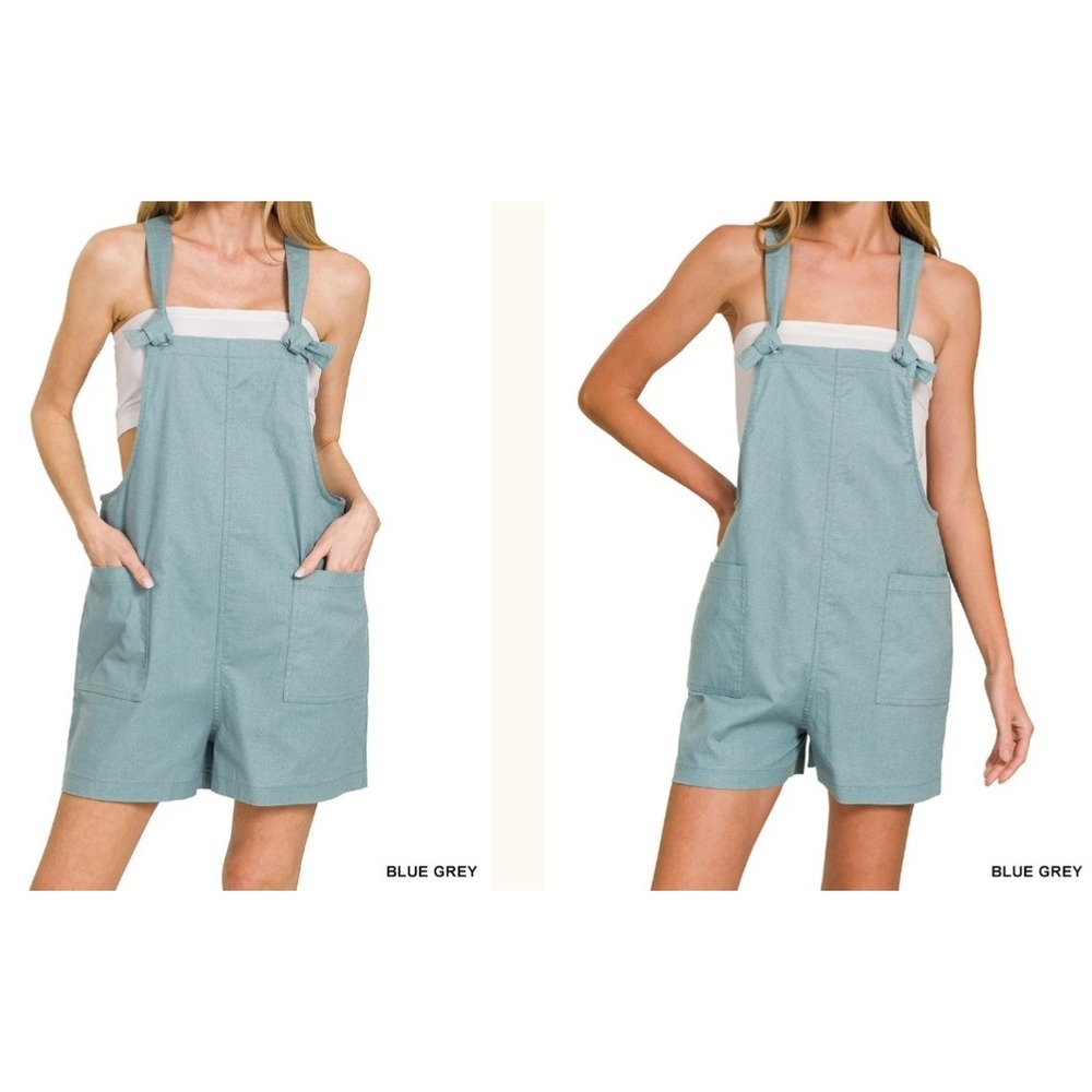 Zenana Ready Or Knot Woven Romper‎ Blue Grey Overall Shorts 7302A5 Large